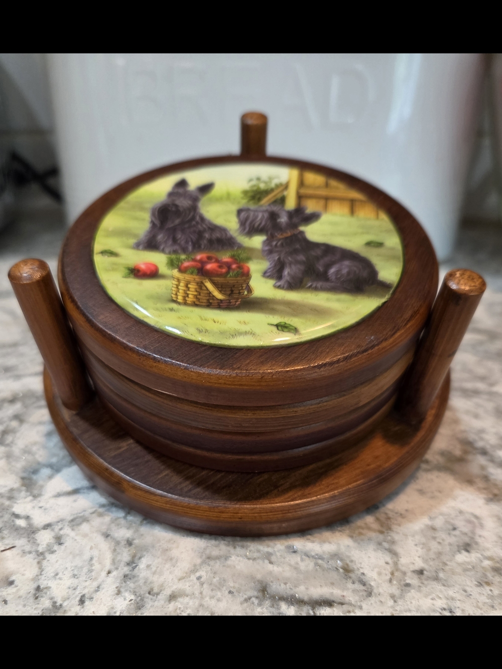 Set of 4 Coasters & Caddy Scottish Terriers Round Wood Ceramic Tiles Dogs 2002